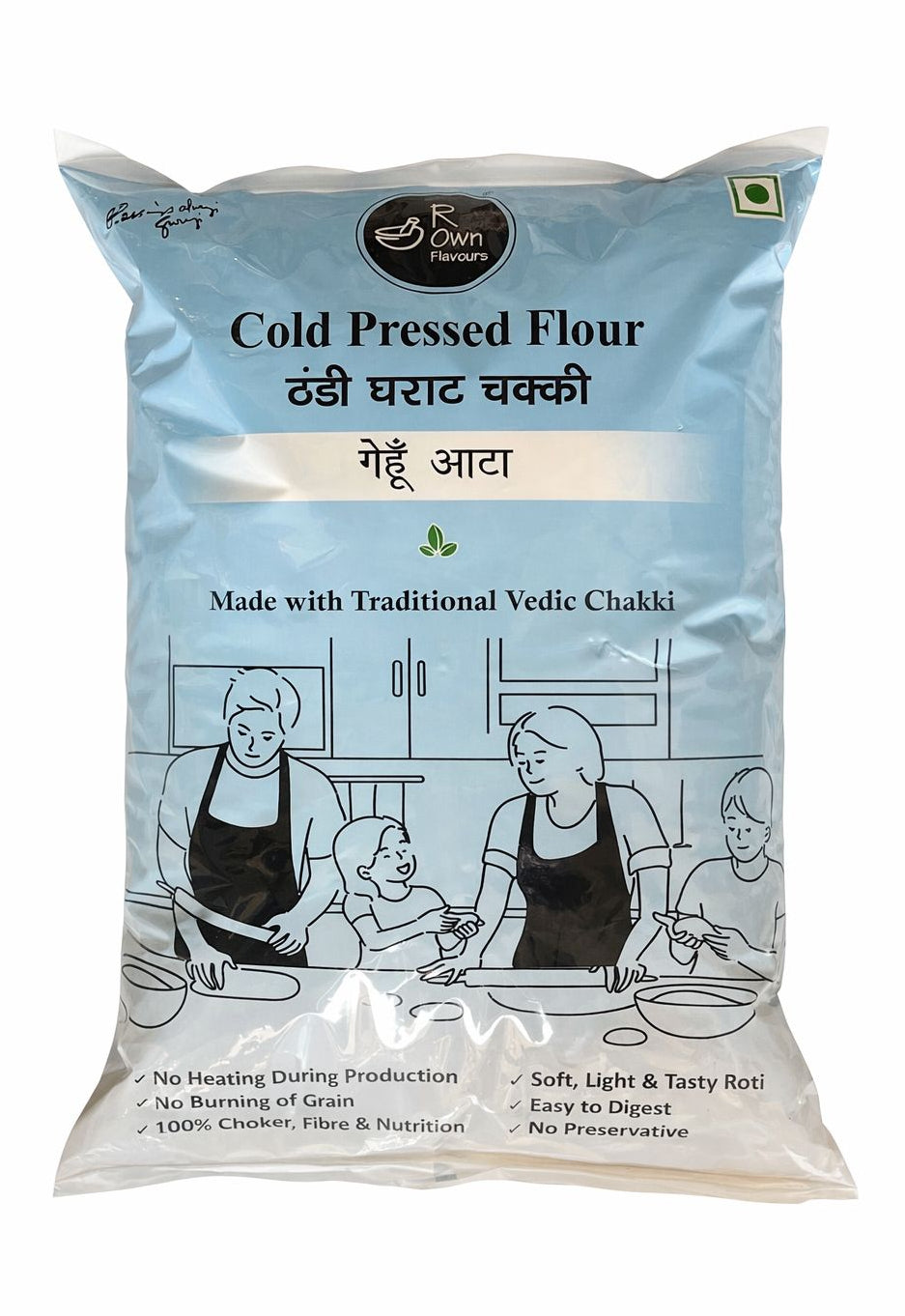 Bag of cold pressed flour with branding and product details on a white background