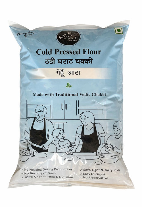 Bag of cold pressed flour with branding and product details on a white background